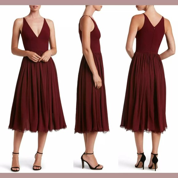 NWT Dress the Population Alicia Mixed Media Midi Dress in Burgundy. SZ XS - Picture 1 of 4